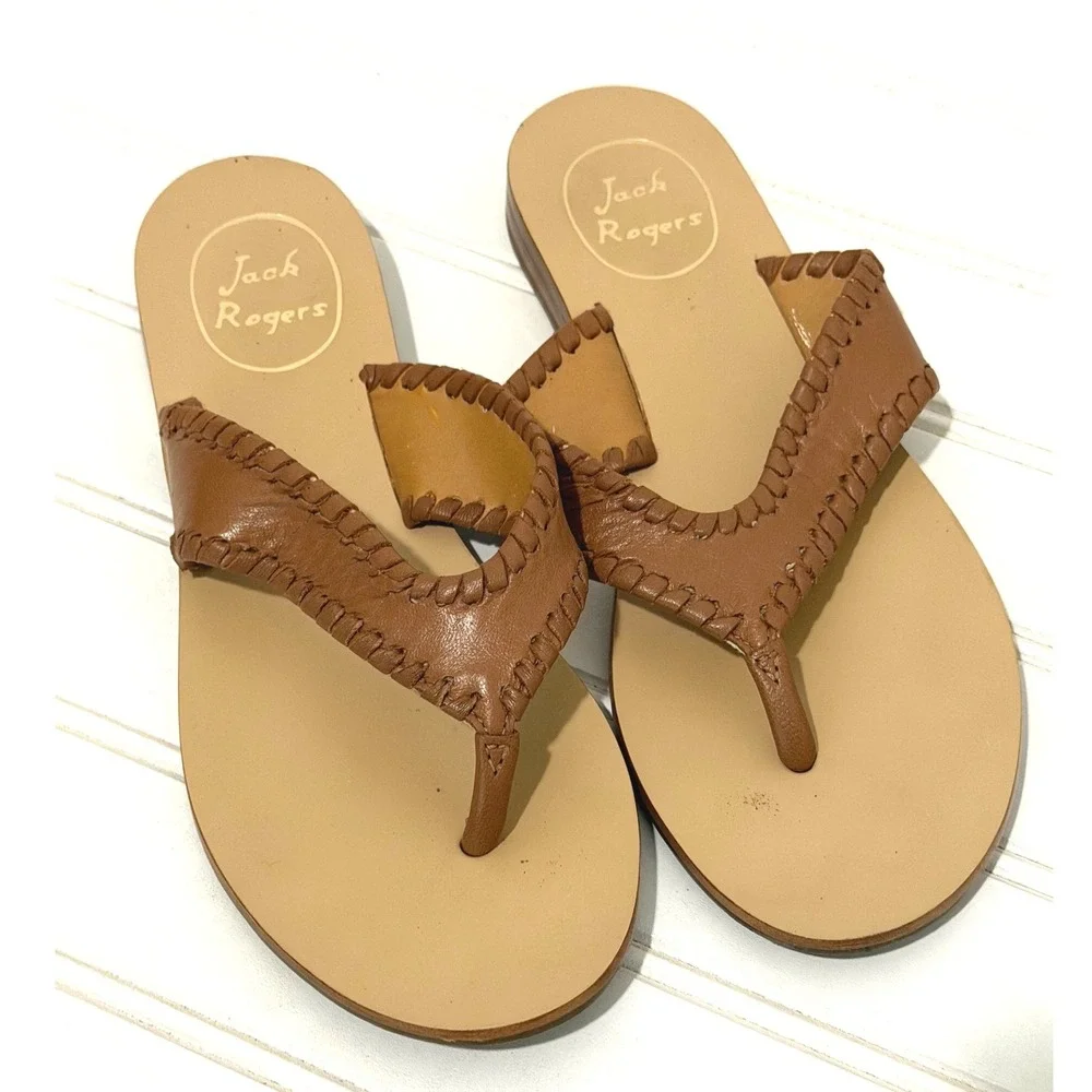 Jack Rogers Womens Whipstitch Leather Thong Sandals Saddle Tan Size 8M Flat